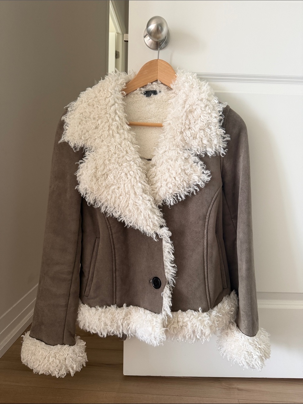Taupe Faux-Suede Jacket with Cream Sherpa Trim